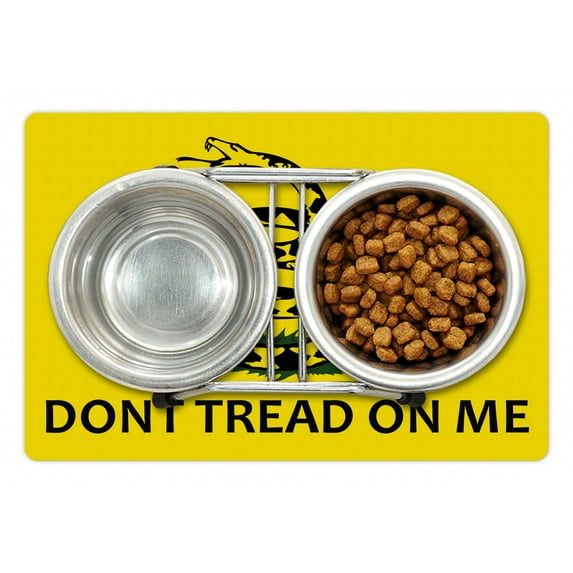 Don't Treat on Me Pet Mat for Food and Water, American Independence Rattlesnake Gadsden Flag, Non-Slip Rubber Mat for Dogs and Cats, 18" X 12", by Ambesonne