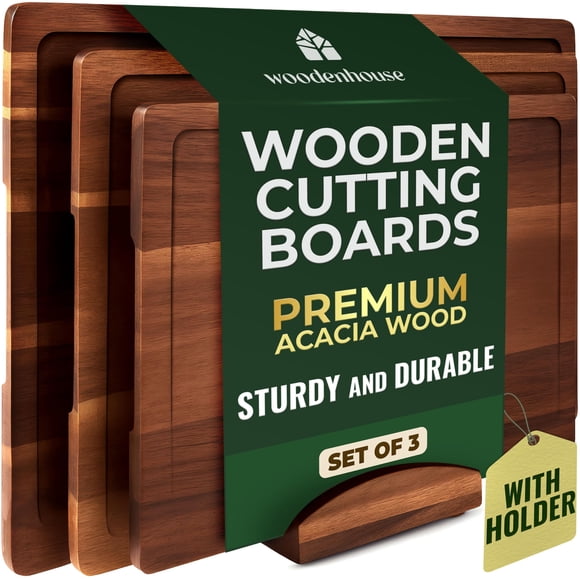 Acacia Wood Cutting Board Set of 3 with Holder, Juice Grooves & Built-in Handles - Durable, Wooden Cutting Boards for Kitchen, Perfect for Chopping,