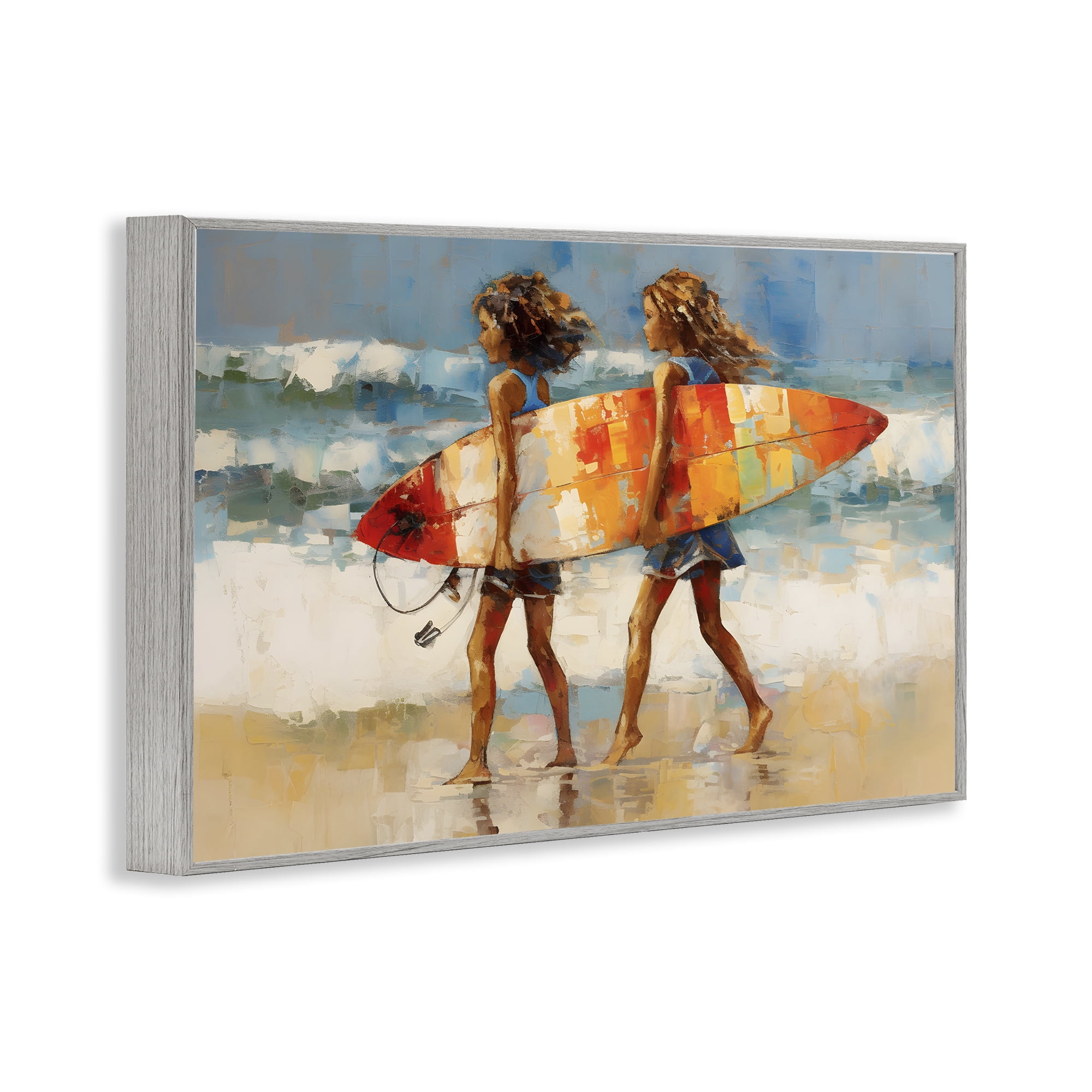 Stupell Industries Surfboard Kids Friends Sports Painting Gray Framed Art Print Wall Art, 18 x 12