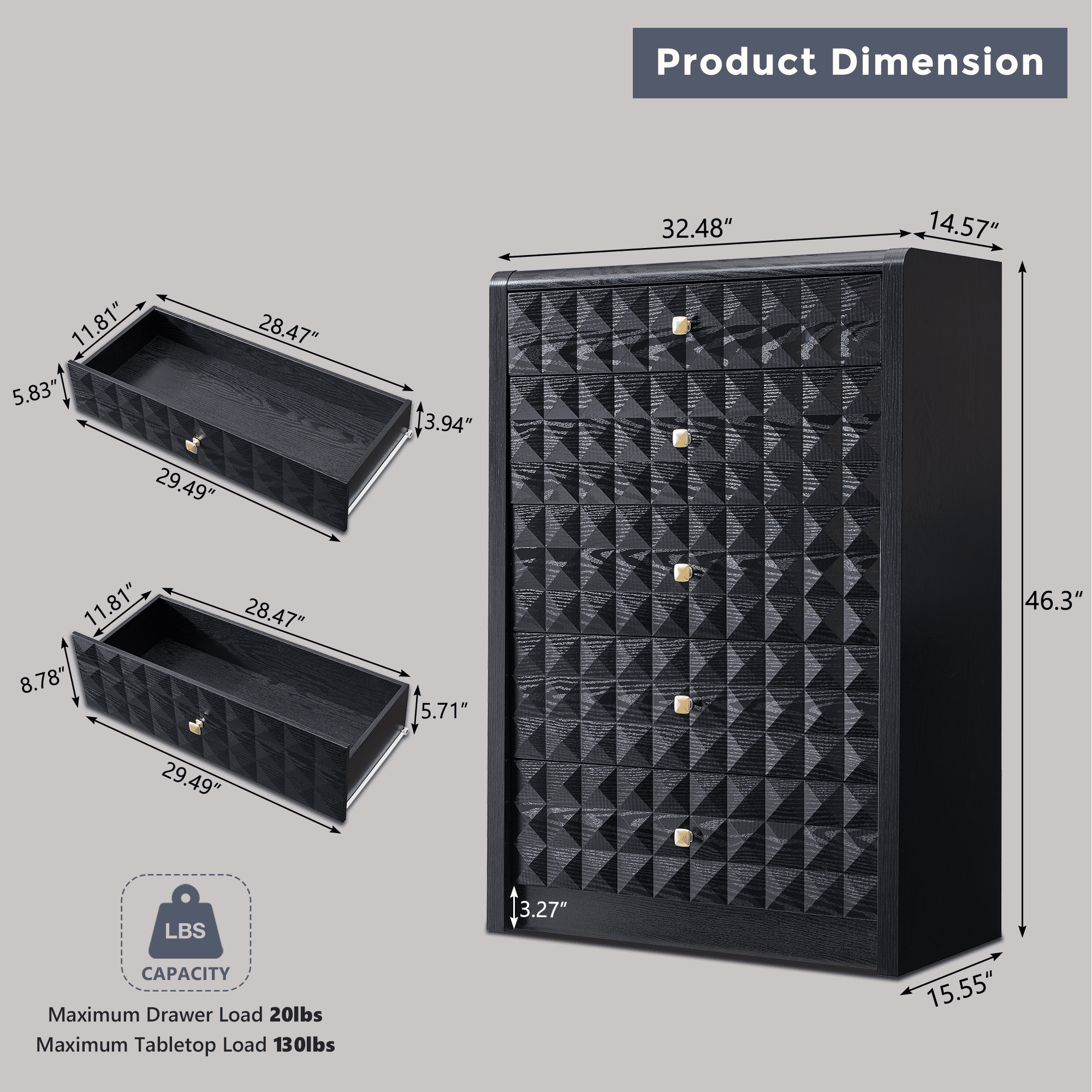 wow97e Modern 5 Drawer Dresser for Bedroom, Wooden Tall Dressers & Chests of Drawers w/Diamond Panel Decorate, Black
