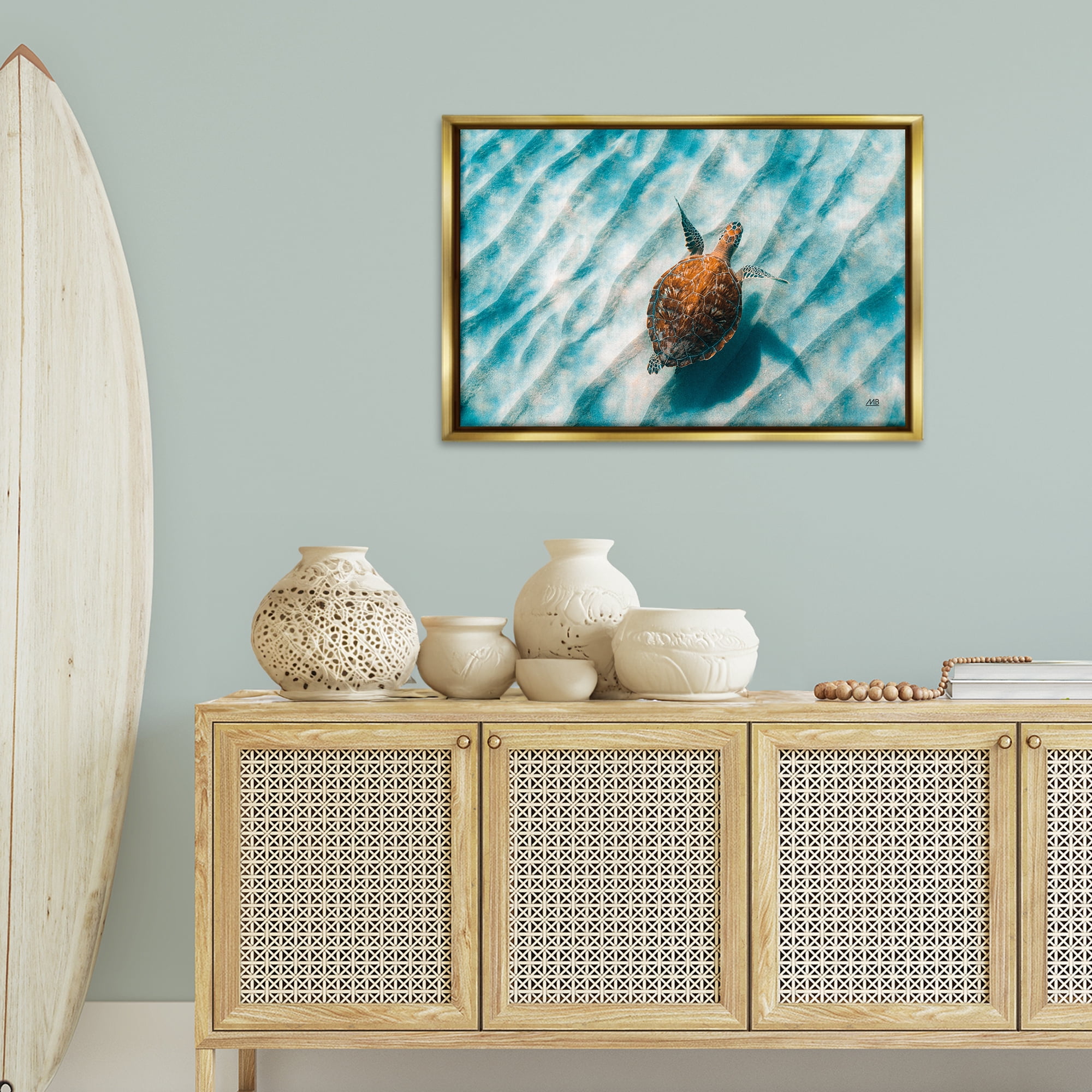 Stupell Industries Sandbar Sea Turtle Animals Photography Gold Floater Framed Canvas Art Print Wall Art, 31 x 21