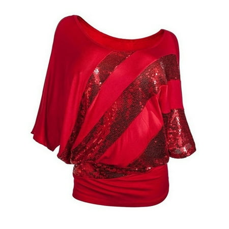 - Women O-neck Batwing Short Sleeve T-shirt Charm Sequin Blouse Casual Loose Tops