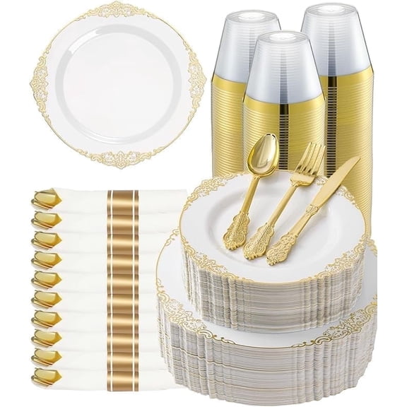 Goodluck 350 Piece Gold Plastic Dinnerware Set for 50 Guests, Fancy Disposable Plates, Include: 100 Gold Rim Plastic Plates, 150 Silverwares, 50 Pre Rolled Napkins, 50 Cups for Party, Wedding