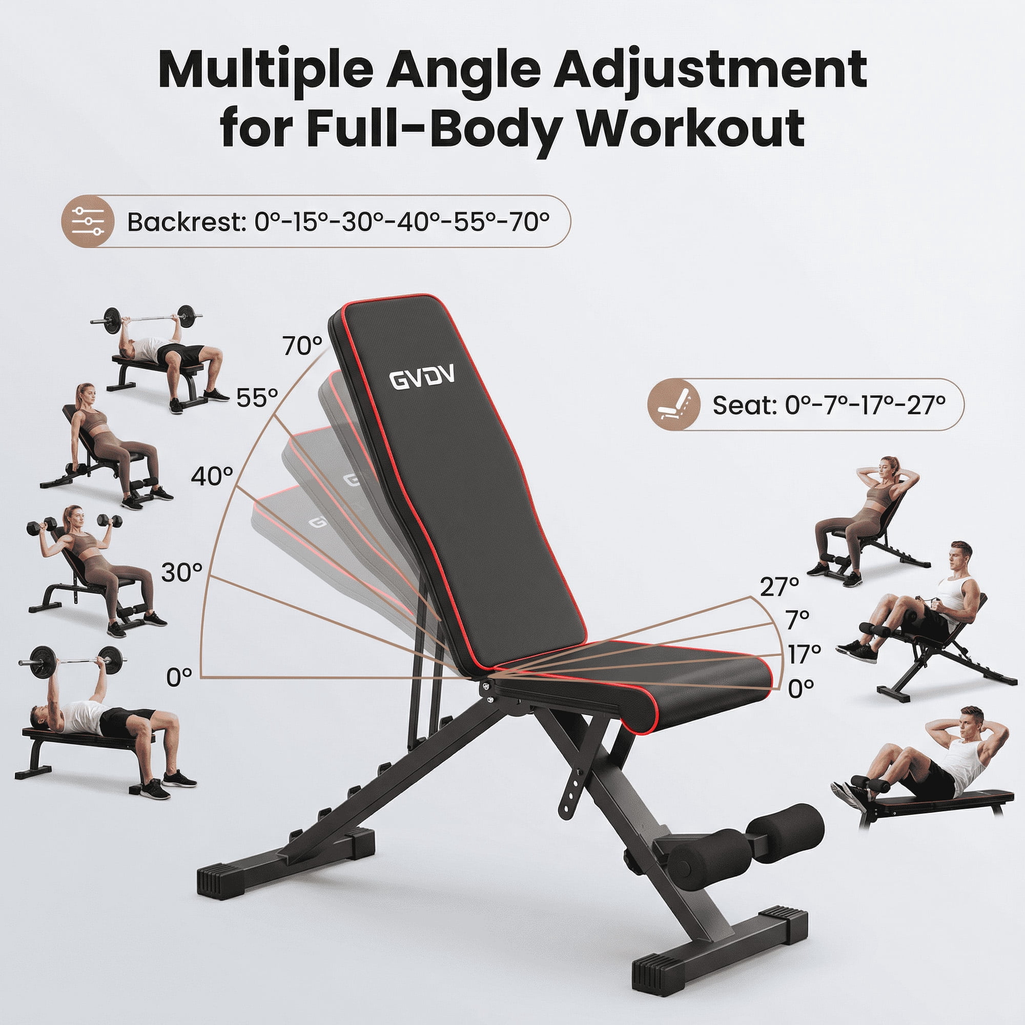 GVDV Adjustable Weight Bench for Full Body Workout, Foldable Bench for Home Gym Strength Training