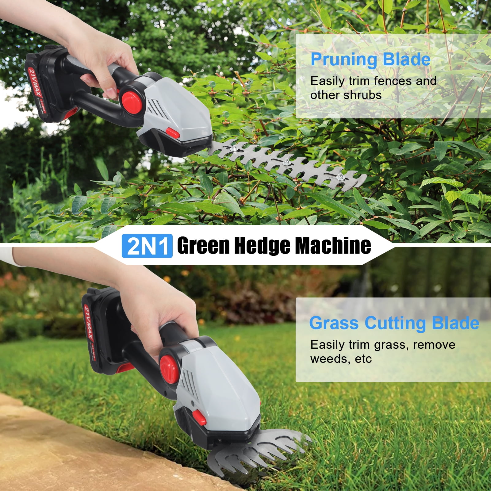 2-in-1 21V Mini Pole Hedge Trimmer, Electric Grass Shear