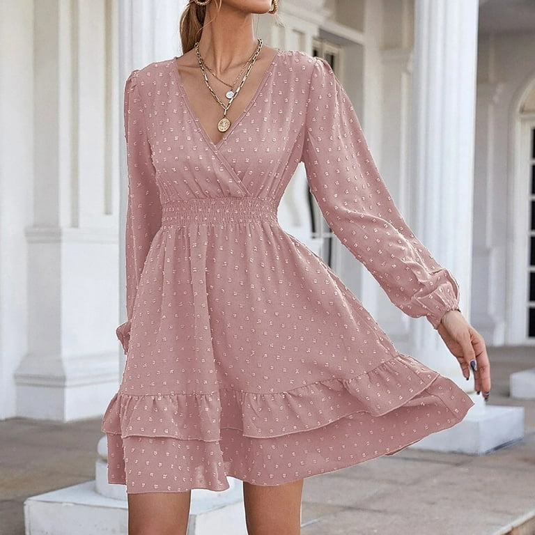 Womens Fall Long Sleeve Dresses Wrap V Neck Solid Color Ruffle