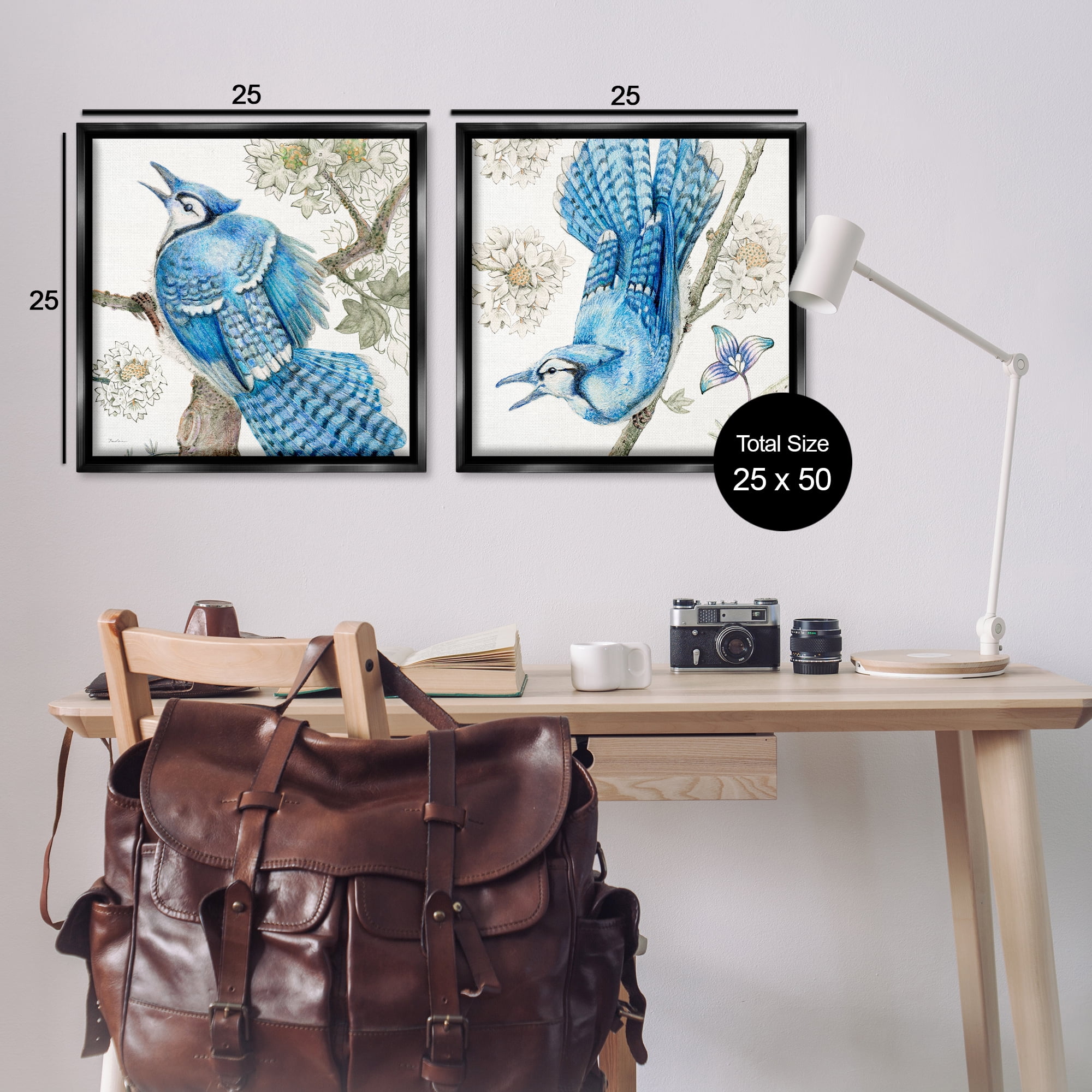 Stupell Industries Blue Jays with White Blossoms Animals Painting Black Floater Framed Canvas Art Print Wall Art, 25 x 25, Set of 2