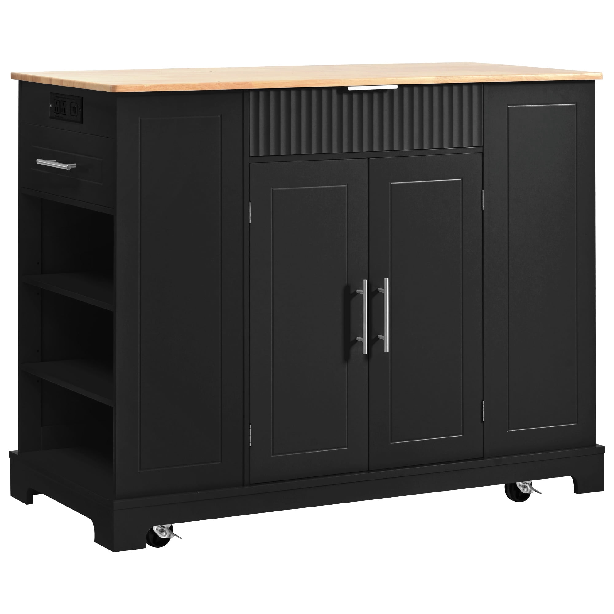 Homy Casa Kitchen Island with Power Outlet, Hidden Trash Bin, Rolling Storage Cabinet with Drawers, Black