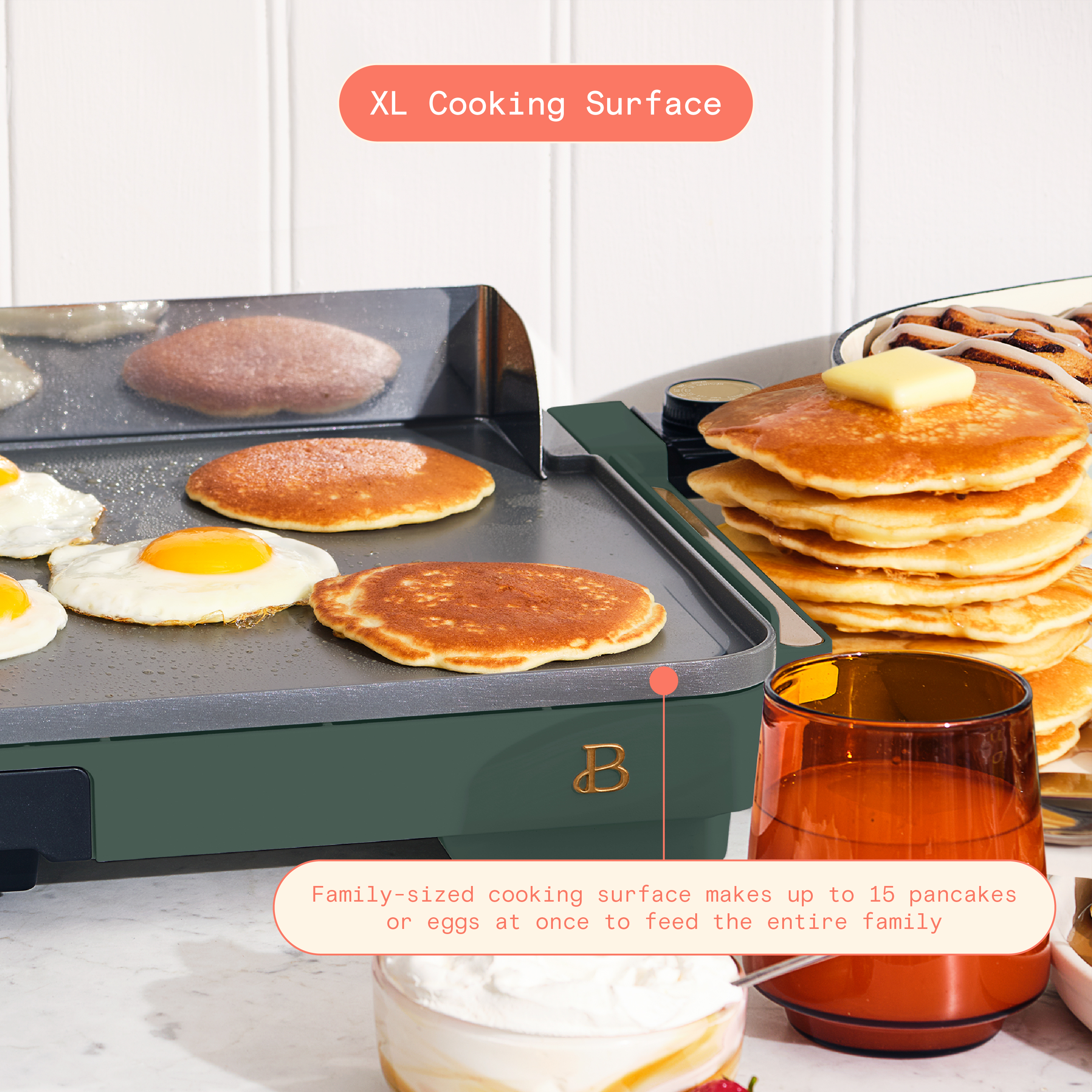 Beautiful XL Electric Griddle 12" x 22" with EverGood Non-Toxic Ceramic Nonstick Coating, Thyme Green by Drew Barrymore