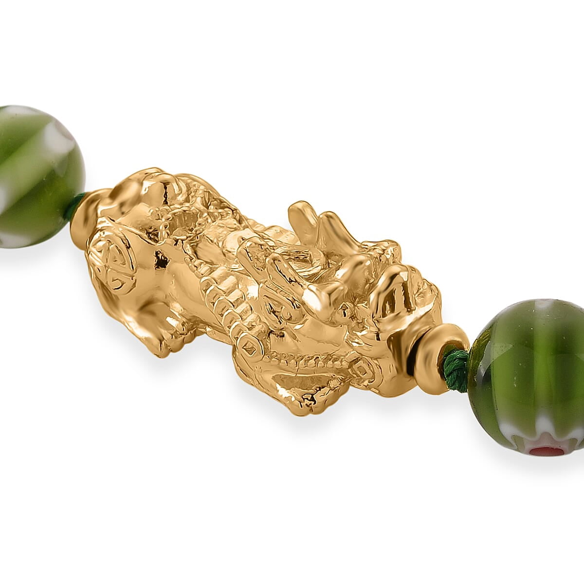 Green Color Murano Style Beaded Necklace with Pixiu Charm in Goldtone 20 Inches