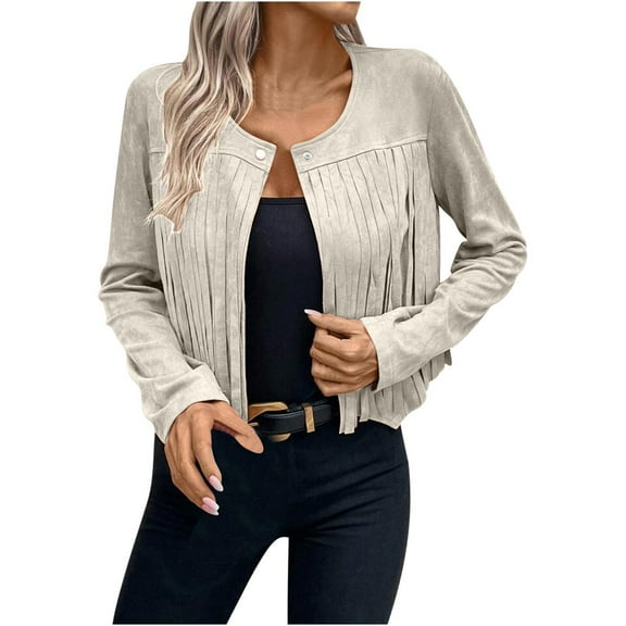 Gifts Womens Fringe Jacket Suede Coats for Women Party Club Fashion Solid Tassel Cropped Coat Long Sleeve Button Fall Lightweight Faux Leather Outwear Winter Fringe Jacket