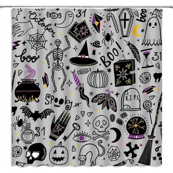 Halloween Shower Curtain Gothic Black Alchemy Magic World Witch Witchcraft Moon Star Spooky Holiday Happy Halloween Fabric Bathroom Decor Curtain with Hooks