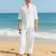 thumbnail image 3 of Men's Solid Color Casual Fashion Linen Quarter Button Stand-Up Collar Long Sleeved Shirt Long Pants Beach Set Lightweight Sweatshirt Fall Clothes Two Piece Lounge Matching Set Men, 3 of 9