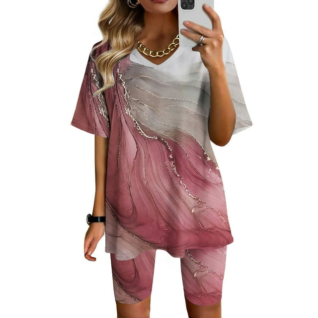 Ensembles Assortis pour Femmes Mode Blouse à Col en V T-Shirts à Manches Courtes Shorts Ensembles de Tenue Décontractée Été Ensembles 2 Pcs pour Femmes en Liquidation