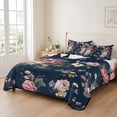 thumbnail image 2 of Quilts King Size Bedding Set, Farmhouse Flowers Lightweight Quilted Comforter, Country Pink Red Floral Leaf Navy Blue Soft Reversible Bedspread Coverlet with Pillow Covers for All Season, 96" x 106", 2 of 9