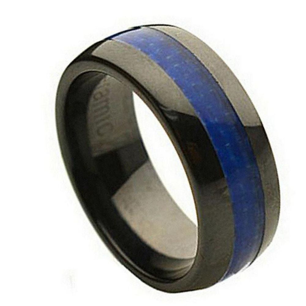Black Ceramic Eternity Blue Carbon Fiber 8MM Domed Ring Size 12