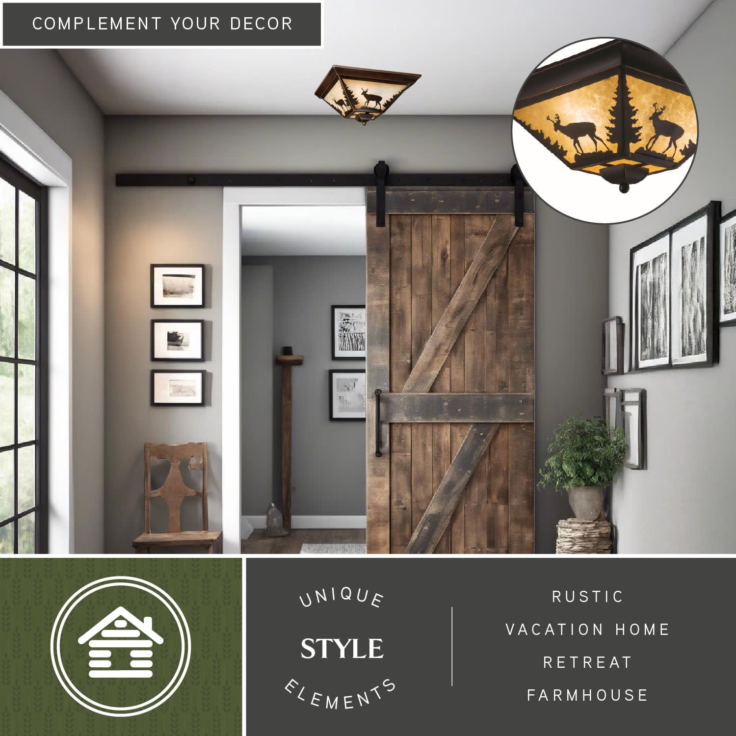 Bryce 14-in W Bronze Rustic Deer Flush Mount Ceiling Light Fixture