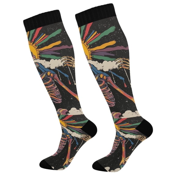 FORMRS Womens Knee High Socks Casual Long Thick Travel Daily Wear, 1 Pair, Colorful Skeleton Sun