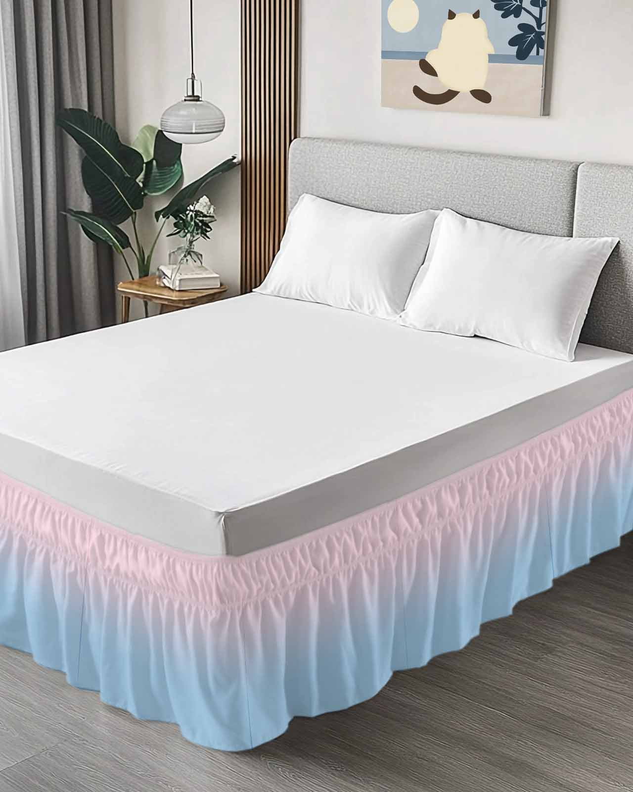 Minimalist Pink Bed Skirt and Blue Gradient Bed Skirts Queen Size 18 Inch Drop, Wrap Around Dust Ruffle&nbsp;Bedskirt with Adjustable Elastic Belt for Queen Size Beds