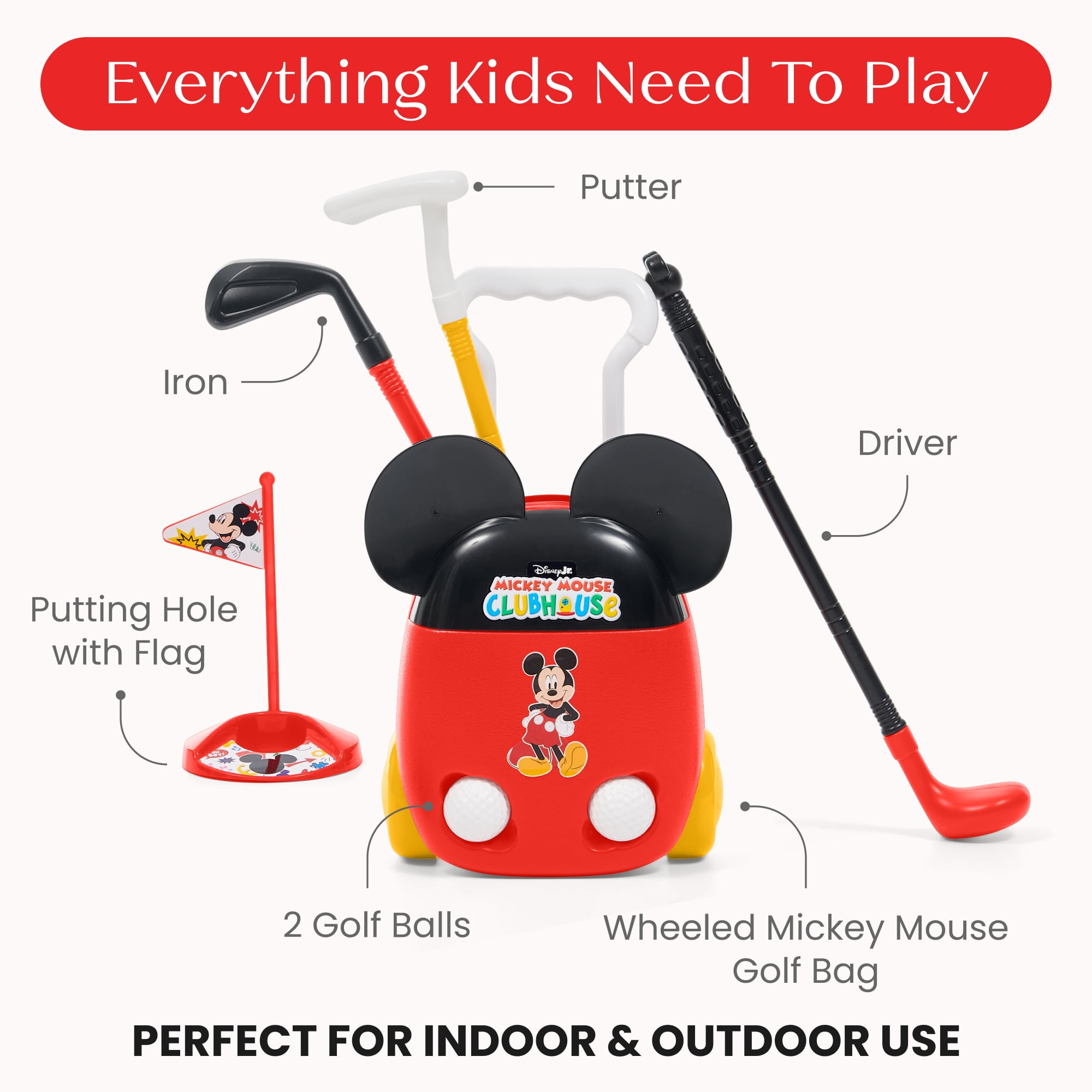Mickey Mouse Golf Sports Set by Delta Children - 8-Piece Toddler Golf Playset with Wheeled Golf Bag, 3 Clubs, 2 Balls & Putting Hole