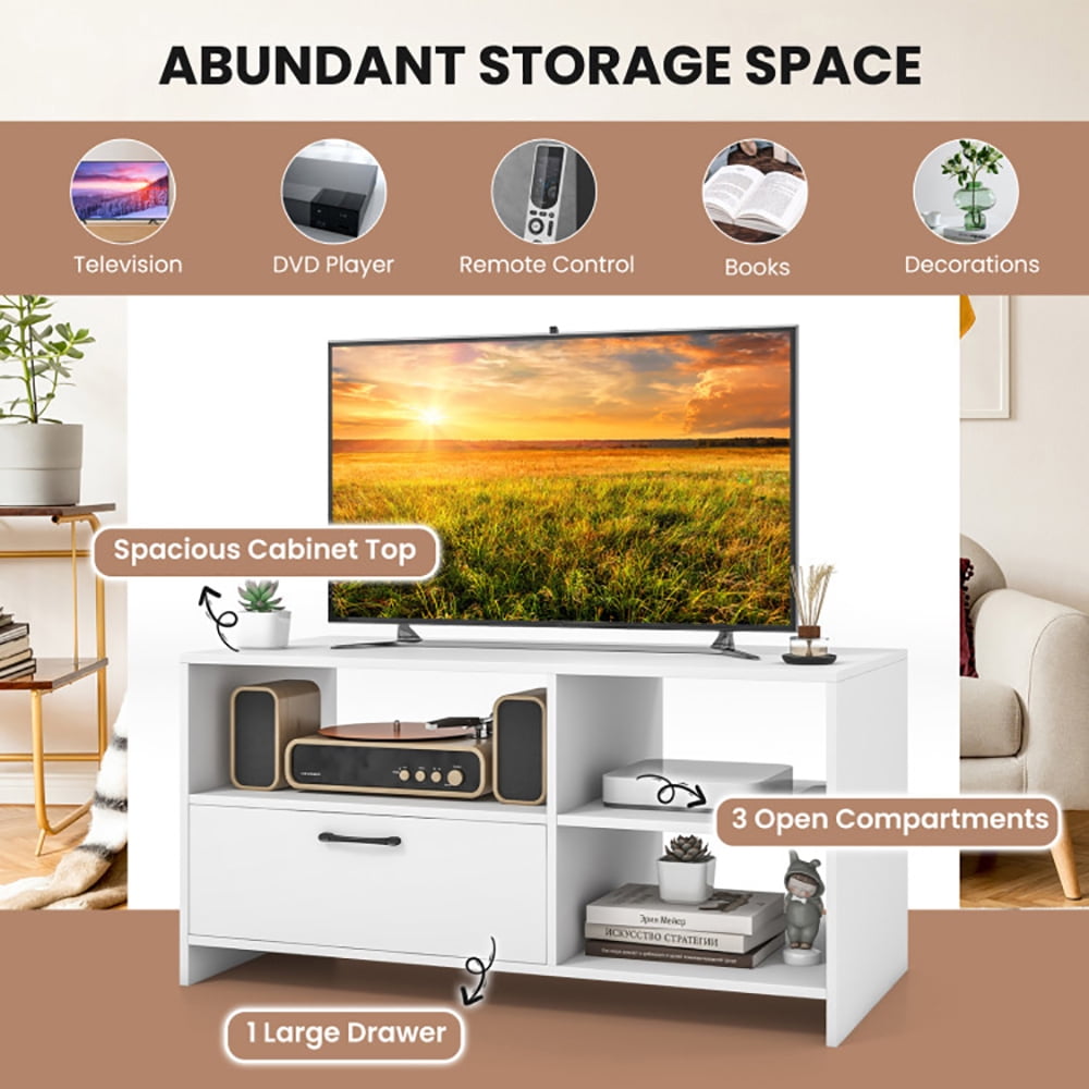 Finihen TV Stand, TV Cabinet, Modern Media Console Table with 3 Open Compartments and 1 Storage Drawer, for Living Room, Bedroom, White