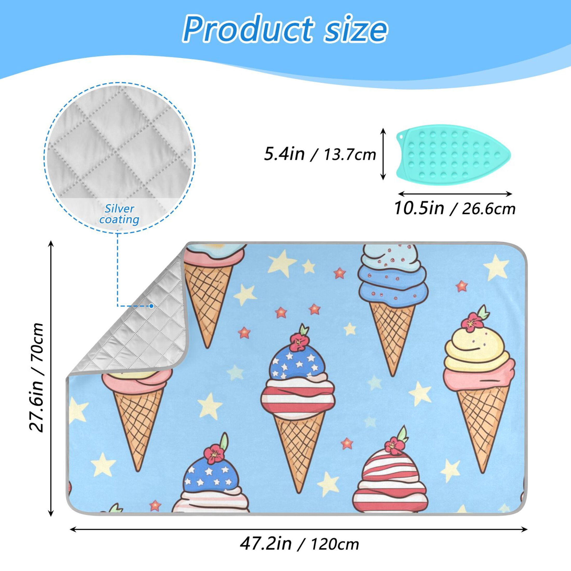 Ice Creams with Stars and Stripes Ironing Mat Blanket Portable Travel Ironing Pad Heat Resistant Pad 47.2" x 27.6”