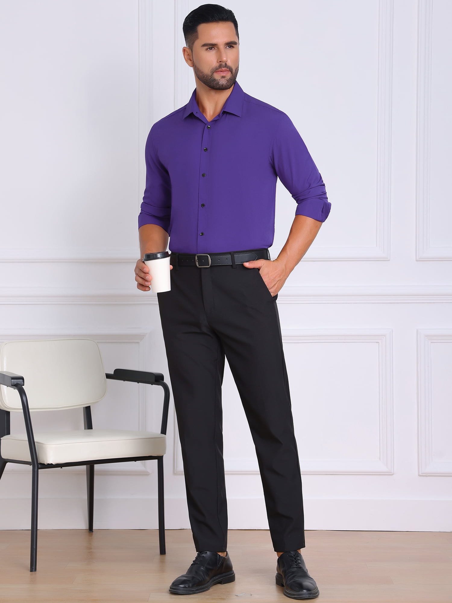 DARING DIVA Men's Solid Color Button Down Long Sleeves Stretch Shirts S Purple