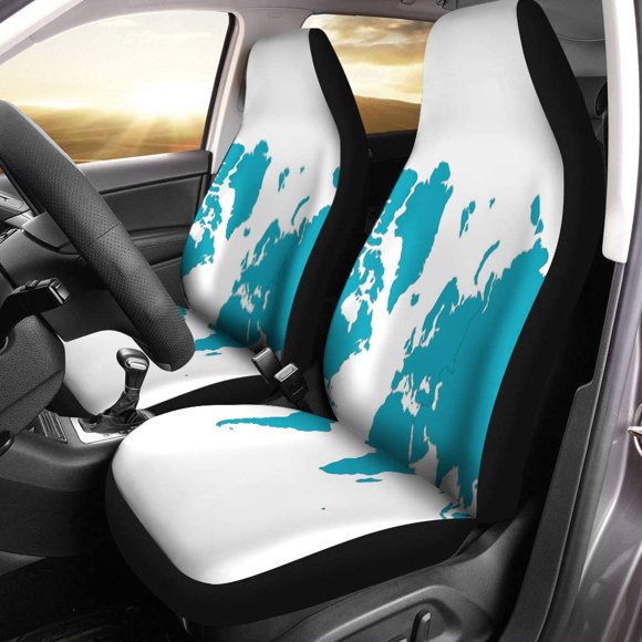 POGLIP Set of 2 Car Seat Covers Ocean Map Continents High Color Light Blue Detailed World Universal Auto Front Seats Protector Fits for Car,SUV Sedan,Truck