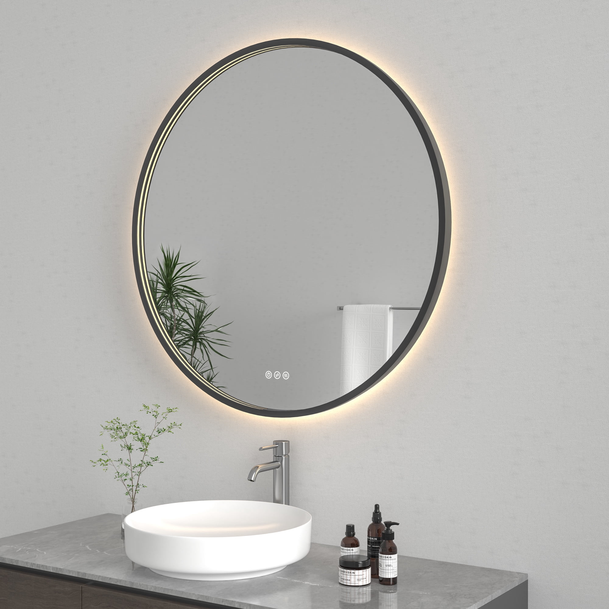 Kingston Brass MR1013636 Aurora 36-Inch Round LED Bathroom Mirror, Front and Back Light, Dimmable Touch Sensor Lighted Mirror in Silver/Gunmetal