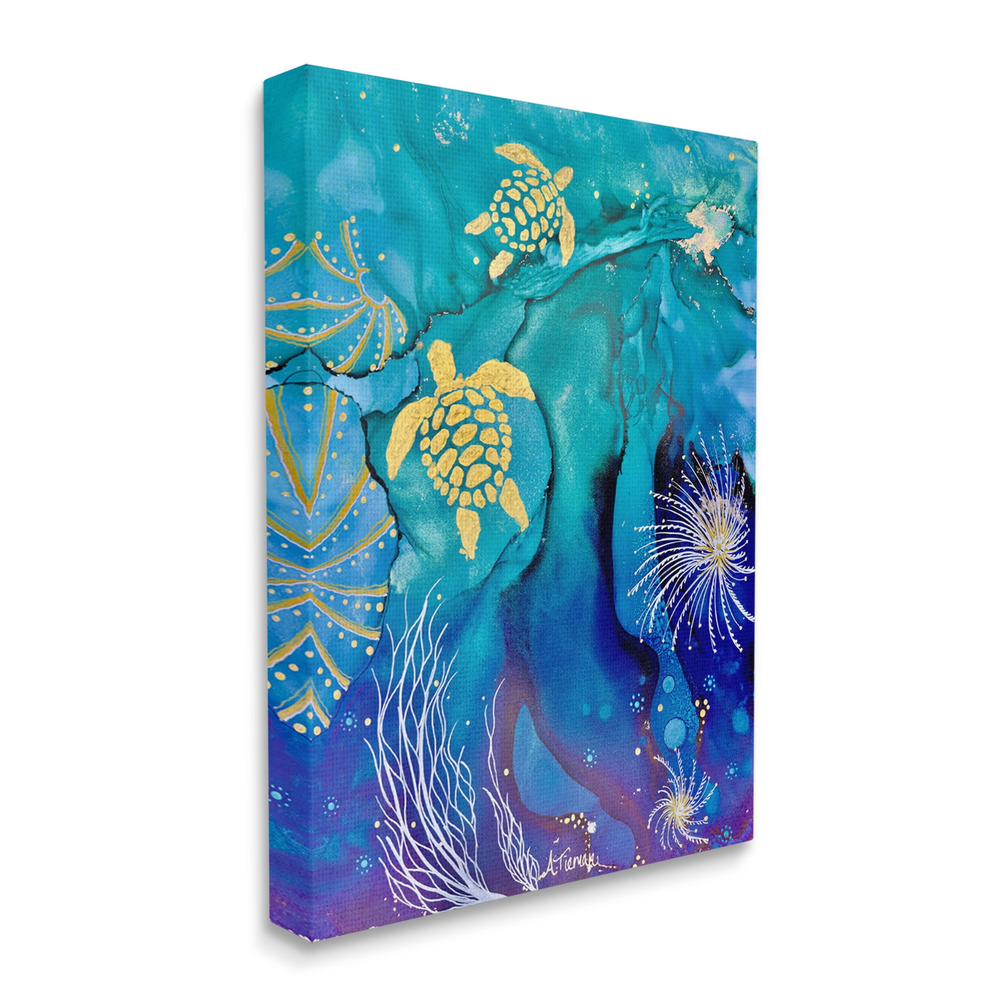 Stupell Industries Abstract Blue Sea Turtles Abstract Painting Gallery Wrapped Canvas Art Print Wall Art, 16 x 20