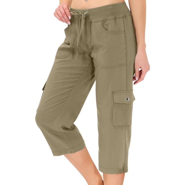 Mohiass Pantalon Cargo Capris pour Femmes Randonnée Léger Séchage Rapide Été Extérieur Décontracté Voyage avec Poches Vert Armée P