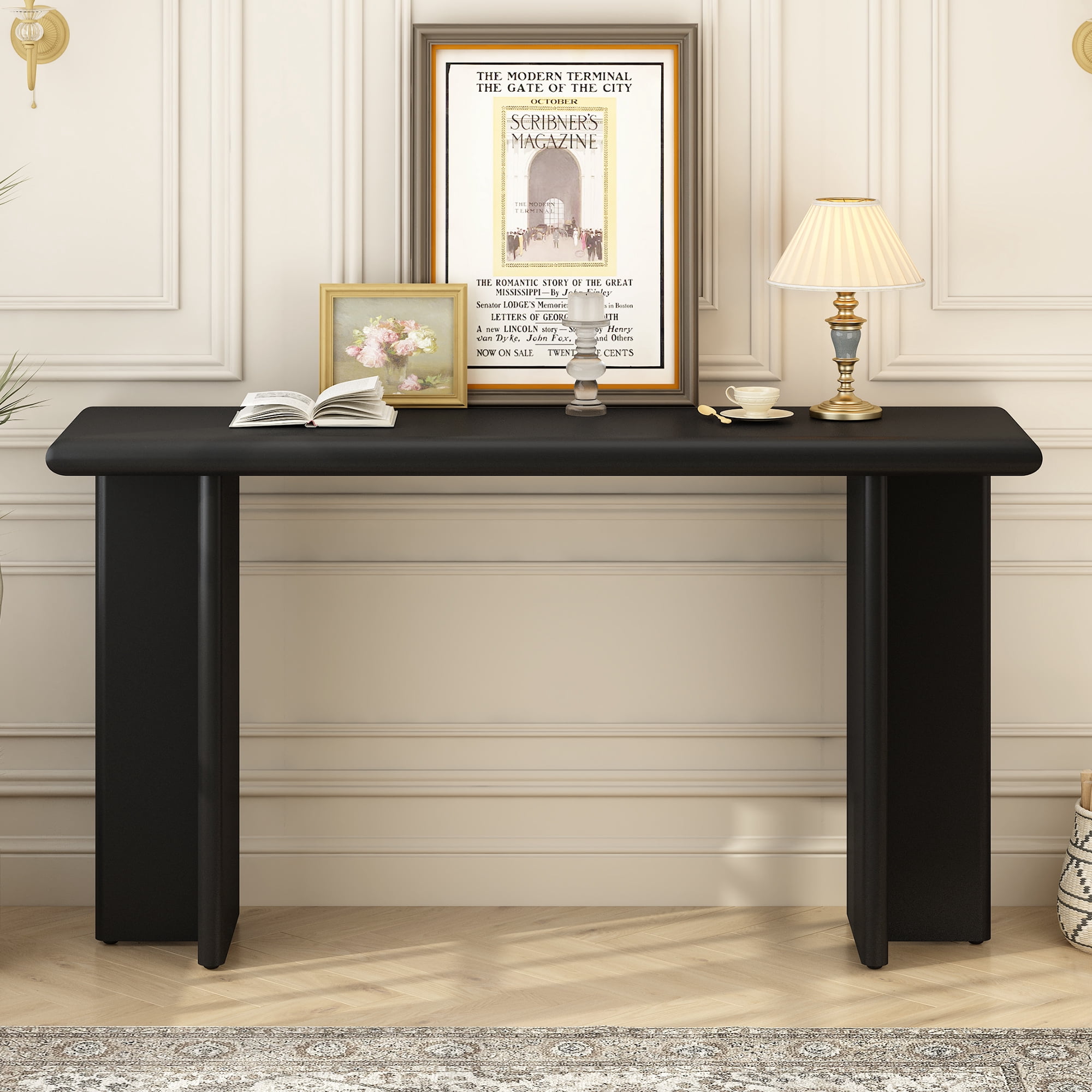EUROCO 59" Long Console Table with L-Shaped Legs,Wood Sofa Table Behind Couch,Narrow Entryway Accent Table for Living Room, Hallway, Entrance, Foyer,Black