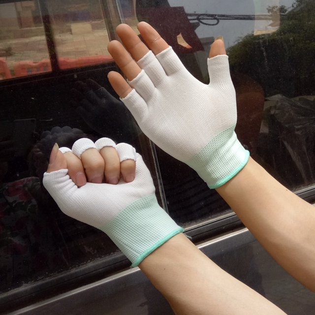 Guantes de conducción finos de nailon para protección laboral, de dos dedos y medio dedo, de color negro puro, para hombres y mujeres