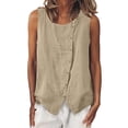 thumbnail image 2 of Sheghy Plus Size Tank Tops for Women 100%Cotton Linen Blend Crew Neck Shirt, Loose Sleeveless Tank with Decorative Buttons Khaki S, 2 of 8