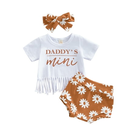 

Baby Girls Shorts Set Short Sleeve Letters Print T-shirt with Flower Shorts and Hairband