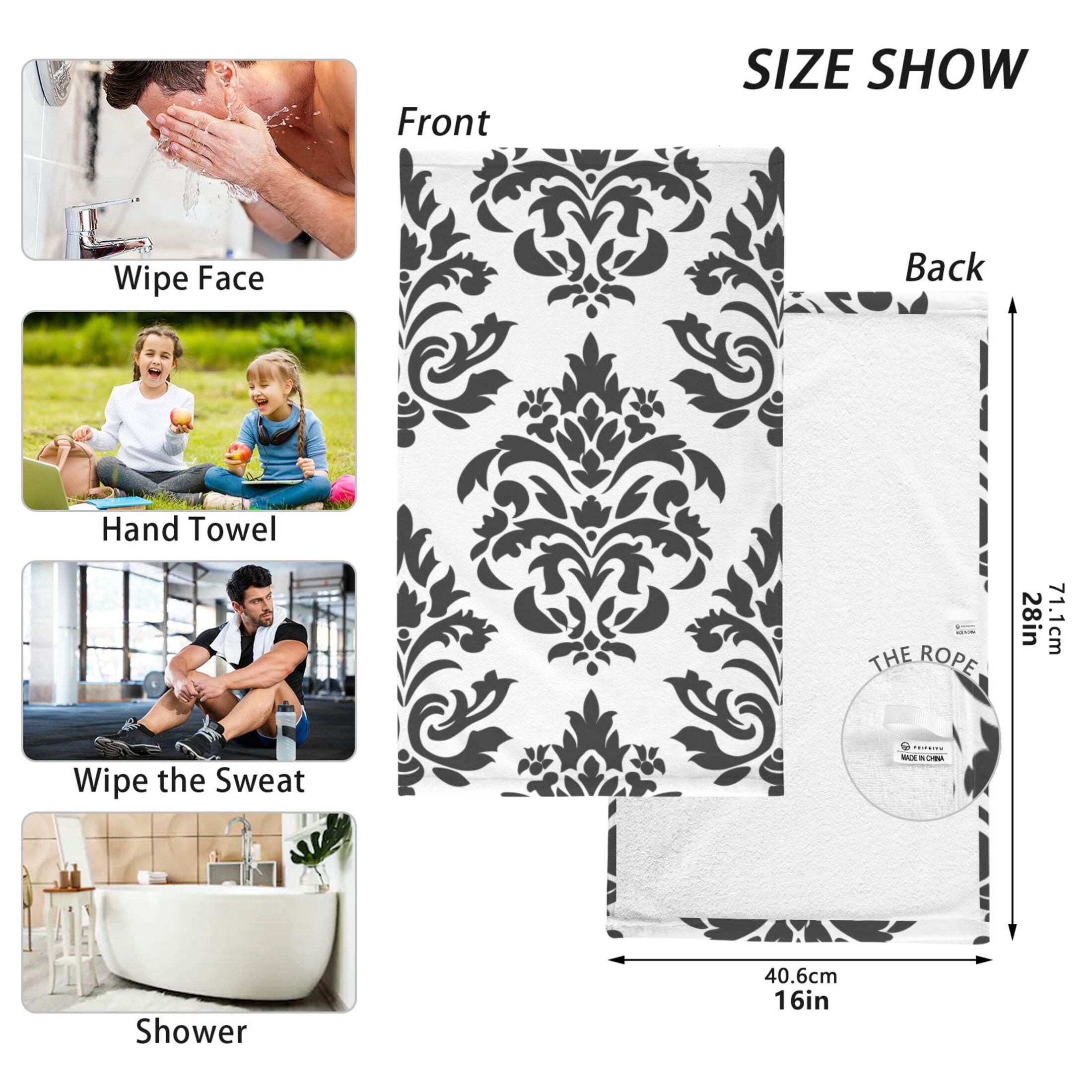 Baroque Black Damask Figure 2 Pcs Hand Towel Set Cotton Absorbent Soft Face Towels Bath Towels for Bathroom Kitchen Shower Hotel Decor 16"x28"