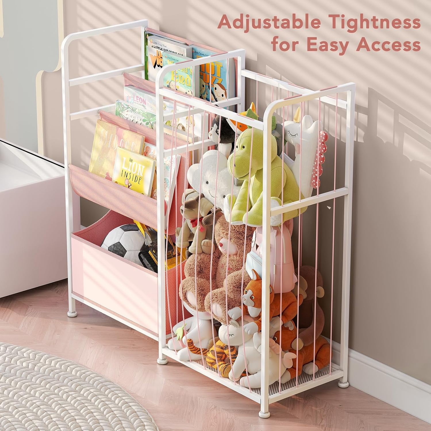 Kids Bookshelf and Stuffed Animal Storage - Multi-Function Nursery Book Shelves with Toy Box and PVC Book Display, Toy Organizer for Playroom, Bedroom, Nursery, Pink