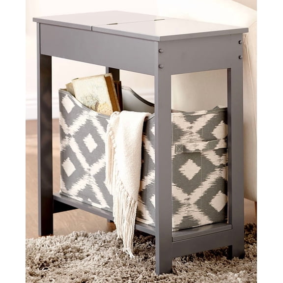 Narrow Wood Side Table with Flip-Top and Fabric Storage Bin