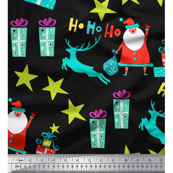 Soimoi Black Cotton Duck Fabric Santa & Gifts Kids Decor Fabric Printed Yard 42 Inch Wide