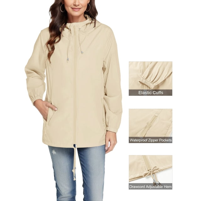 LSLJS Women Solid Color Rain Jacket Outdoor Hooded Windproof Loose with Pocket Coat( Khaki, M)