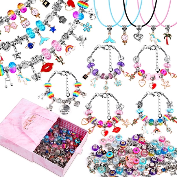 Mckanti Kit de 150 piezas para hacer pulseras con dijes para niñas, pulseras con dijes, kit para hacer joyas con cuentas, pulseras, dijes, collares, manualidades, regalo para adolescentes, niñas y niñ