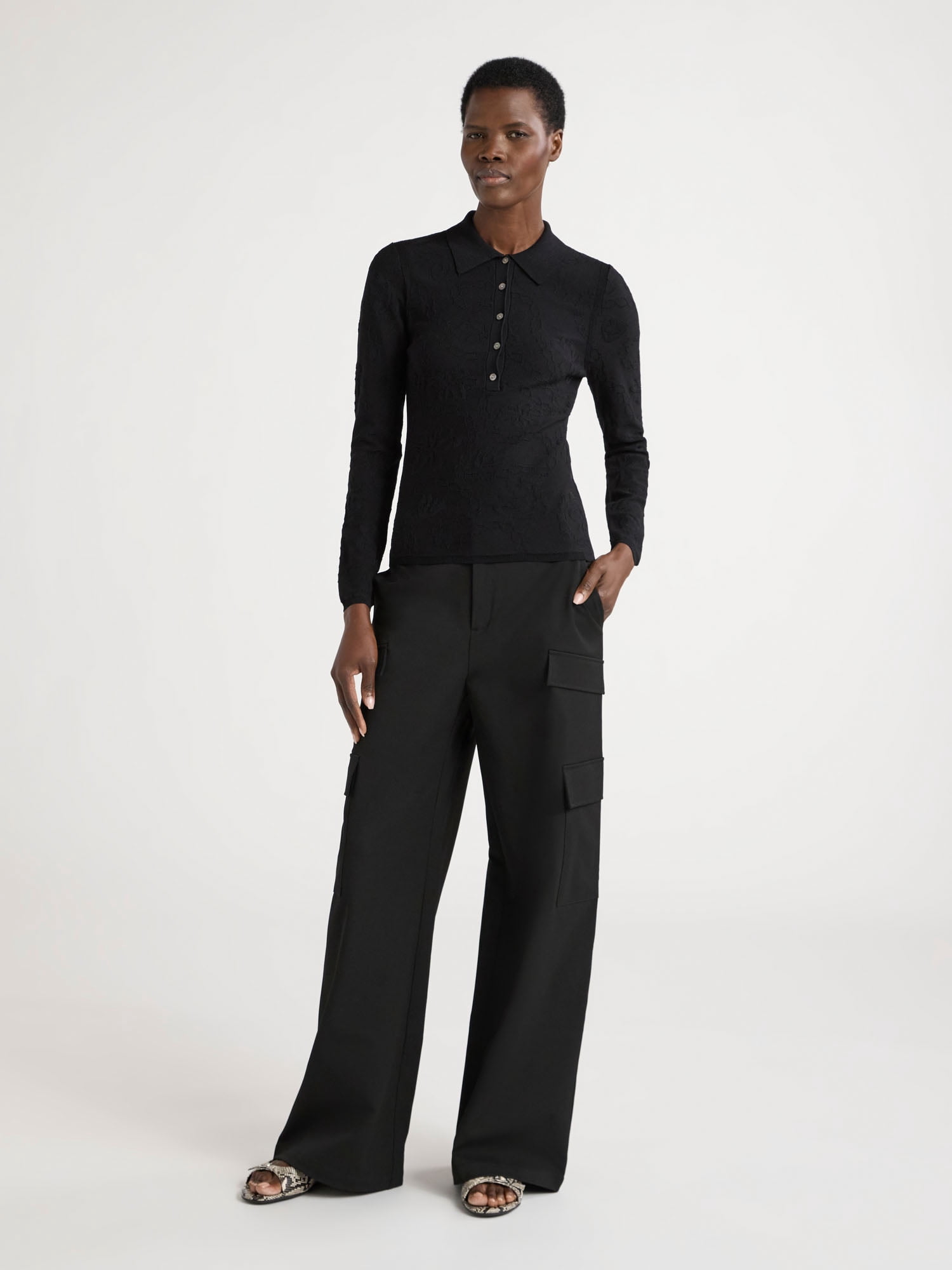 Scoop Woman's Fitted Jacquard Polo with Long Sleeves, Sizes XS-2XL