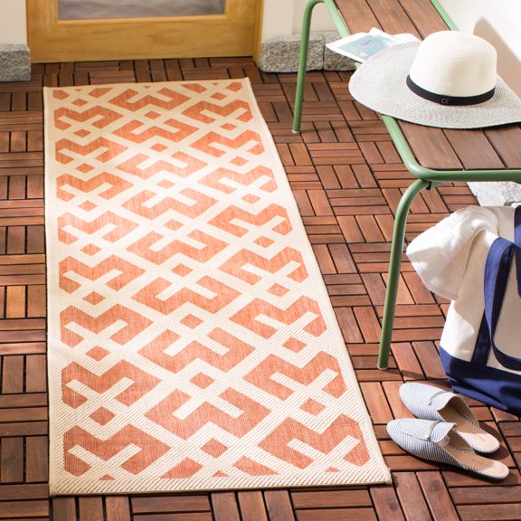 SAFAVIEH Courtyard Alvin Geometric Indoor/Outdoor Runner Rug, 2'3" x 6'7", Terracotta/Bone