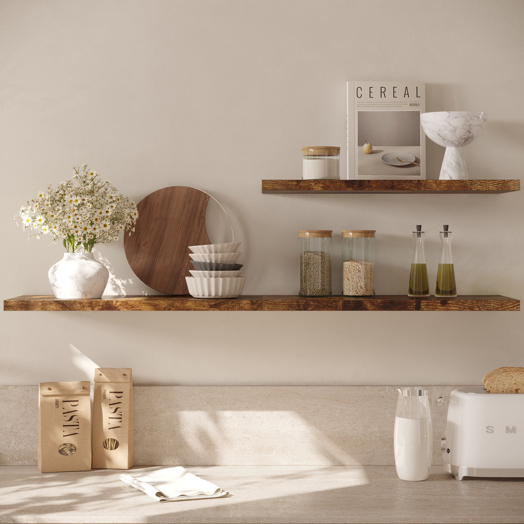 Dumekko Large Floating Shelves for Wall Set of 1 Wooden Wall Shelves 36 in x 10 in x 1 in Room Decor Long Shelf with Invisible Wall Mount Bracket for Bedroom, Kitchen, Living Room, Rustic Brown