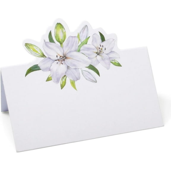 Gift Boutique 100 Pack White Lilies Floral Place Cards – Elegant Die-Cut Wedding Seating Name Cards, Folded Tent Table Setting, 3.5" x 2"