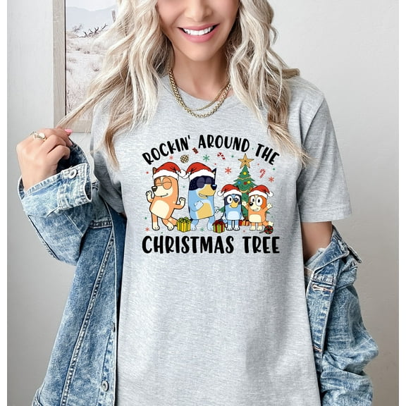 Moonlight Apparel Bluey Rockin’ Around the Christmas Tree Shirt for Women & Men Holiday Cartoon Graphic Tee Funny Xmas Gift Cotton Blend Short Sleeve Top