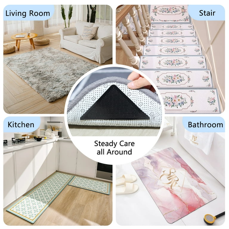 Rug Stickers for Wood Floor [12 Pack] Carpet Stickers for Area Rugs, Anti  Slip Rug Corner Grips to Secure Kitchen Rugs and Bathroom Mats, Peel and