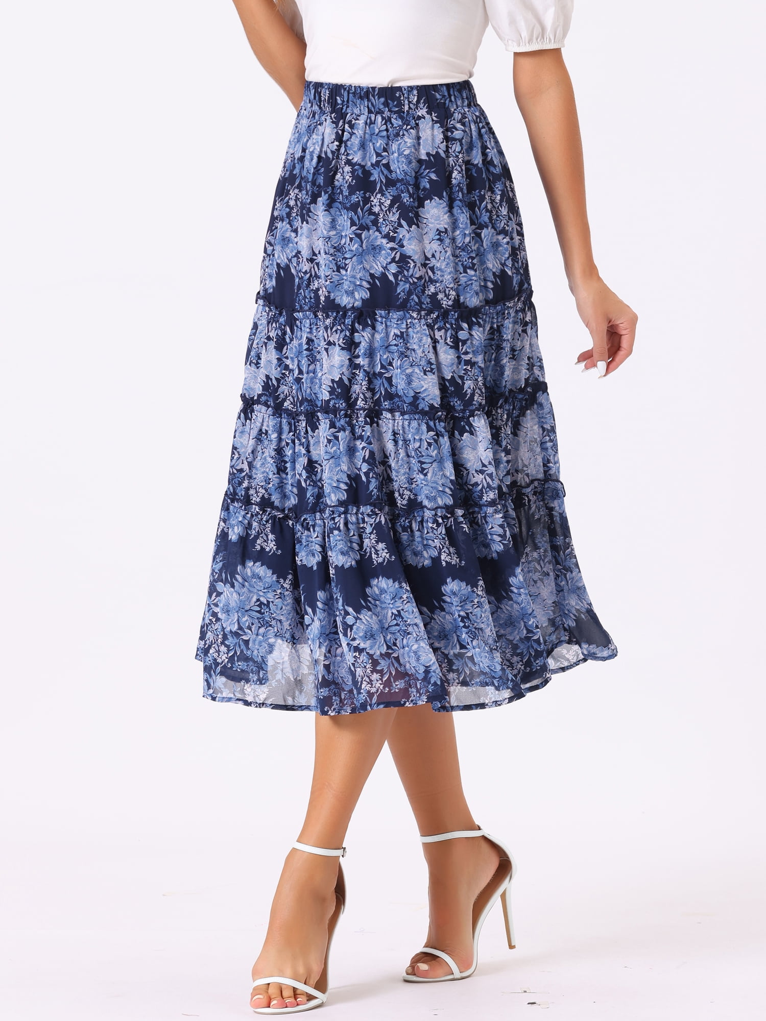 DARING DIVA Women's Chiffon Tiered A-Line Maxi Skirt 2XL Deep Blue