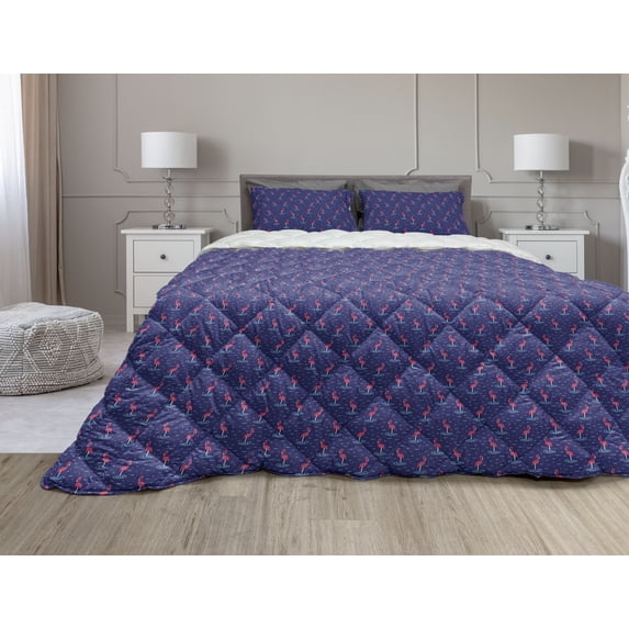 Flamingo Comforter & Sham Bedding Set, Hand Drawn Style Abstract Birds Wavy Lake Water Design, 3 pcs Duvet Set Microfiber Filling Quilt, 5 Sizes, Violet Blue Dark Coral, by Ambesonne