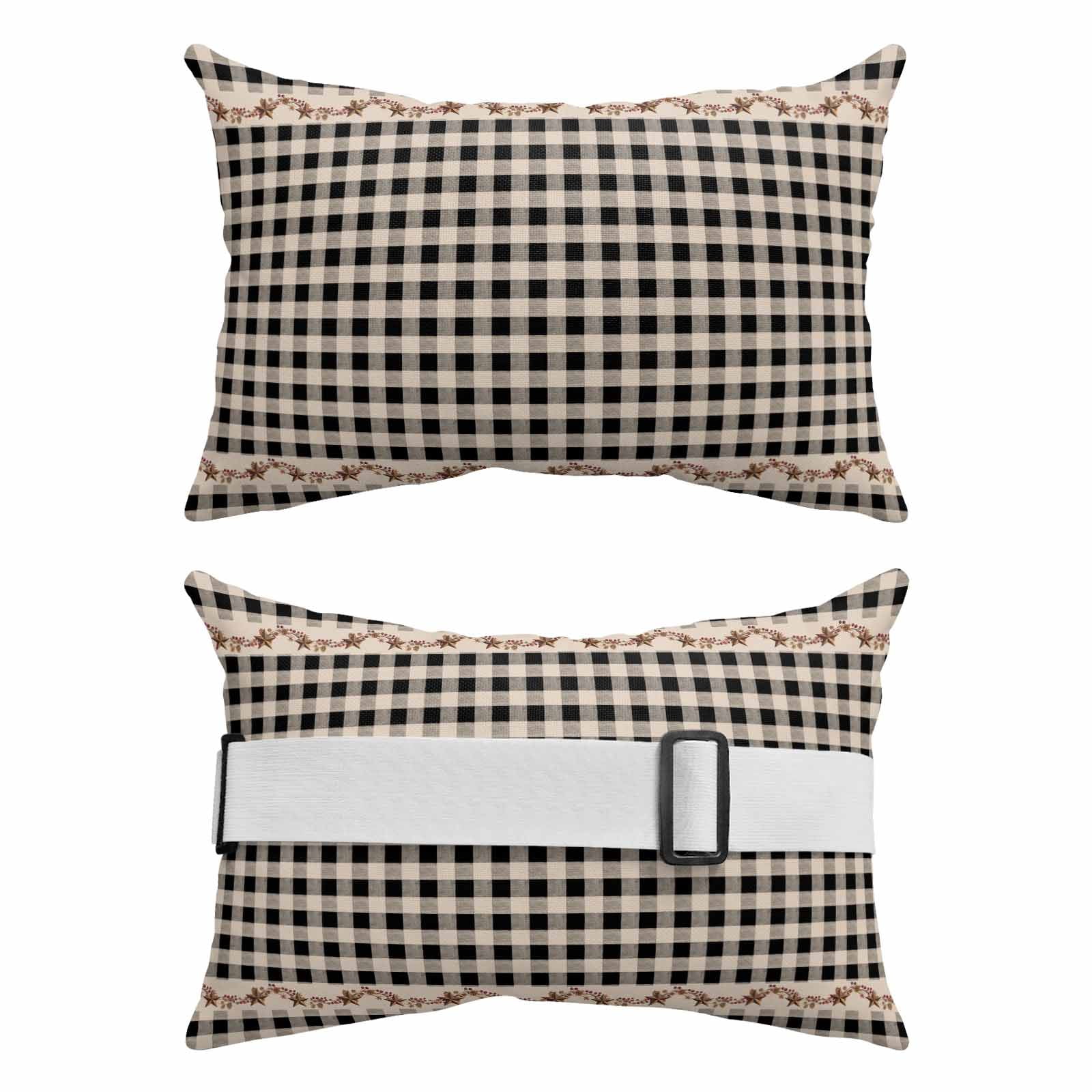 Country Black Buffalo Plaid Outdoor Chaise Lounge Pillows Retro Star Berries Vine Linen Texture Lumbar Pillows with Insert Adjustable Elastic Strap Headrest Pillow for Recliner 2 Pack 12x20 Inch